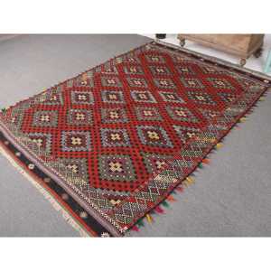 พรมตุรกี ขนาด 5.8x8.4 ฟุต พรมวินเทจขนาดใหญ่ พรมคิลิมสีแดงดำไล่เฉดสี - Product Image 2