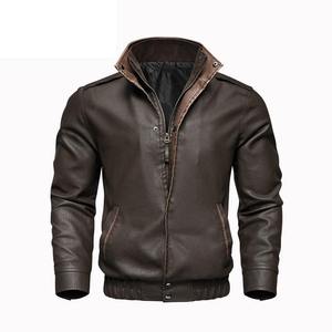 Chaqueta de moto de cuero de piel de oveja negra con cuello levantado para hombre de otoño, abrigo de motorista cálido de invierno con cremallera de Color sólido, estilo informal - Product Image 2