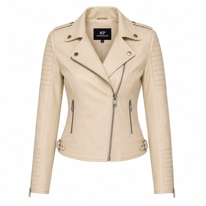 Veste de motard en cuir PU beige pour femme, manches longues, fermeture éclair, col rabattu, style automne, prix de gros - Product Image 1