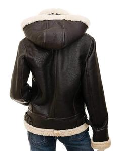 Veste d'aviateur en cuir de mouton véritable pour femme, modèle B3, avec capuche amovible en fourrure Sherpa, veste décontractée d'hiver, OEM - Product Image 6