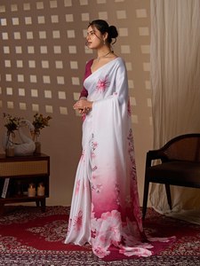 Sari de Seda con Estampado Floral Degradado Magenta Elegante al por Mayor, Lujoso Satén Suave, Ropa Tradicional India para Mujer, Invierno y Verano - Product Image 6
