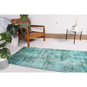 Alfombra Turca Vintage Pequeña de 2.5x5.4 pies, Alfombra con Borde Azul de Lana - Product Image 3