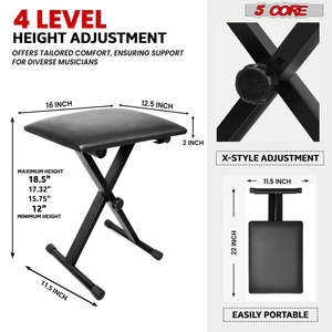 5 Core Keyboard Stand Piano <b>Bench</b> Combo Adjustable Key Board Stands 2" Padded Musician Chair Set - Product Image 3