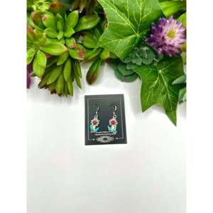 Boucles d'oreilles pendantes vintage Zuni en argent sterling multi-strié avec motif floral en or blanc, grenat et or 18 carats, or blanc 18 carats - Product Image 1