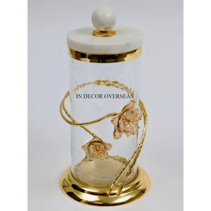 Boîte de stockage des aliments en verre transparent à texture martelée avec base de concepteur de fleurs en métal plaqué or et couvercle supérieur à bas prix - Product Image 2
