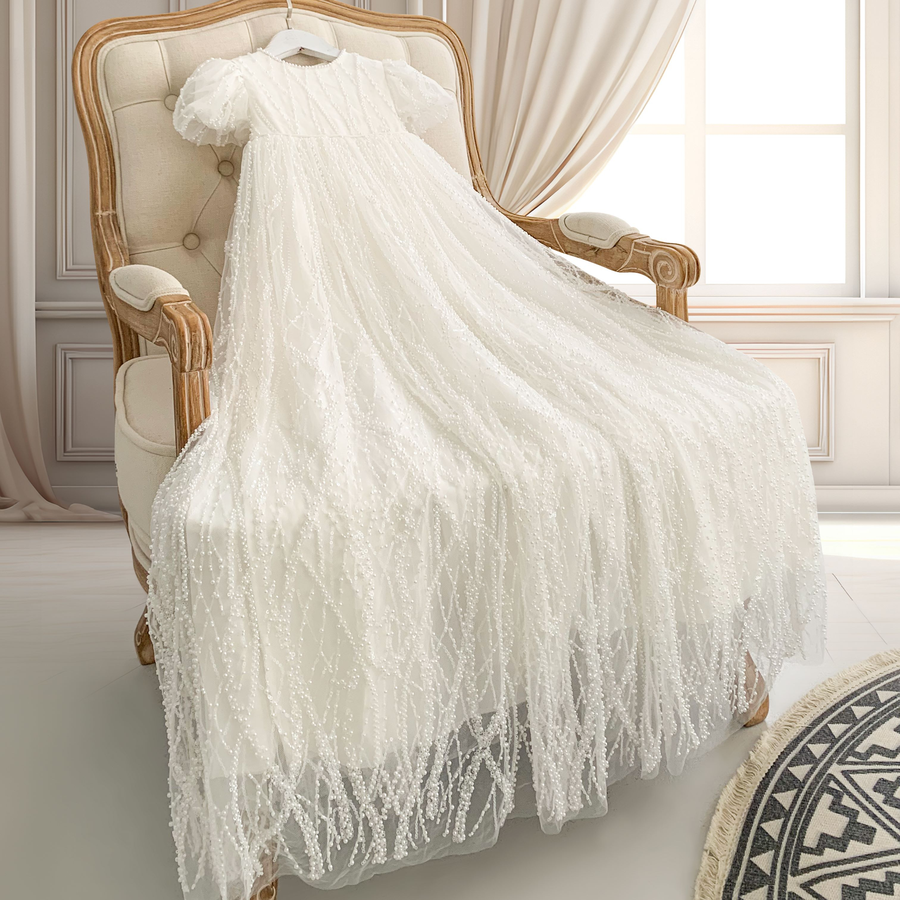 Puff Sleeves Beaded Pearl Lace Christening Dress for Baby Girls