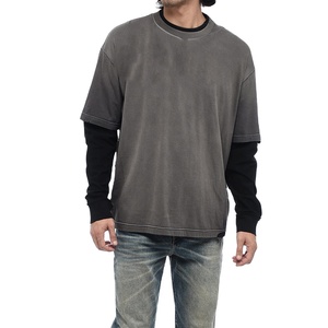 Men's 100% Cotton Acid Wash T-Shirt Loose Fit Double Layer Long Sleeve <b>Mock</b> <b>Neck</b> Tee High Quality Street Wear with Solid Pattern - Product Image 1