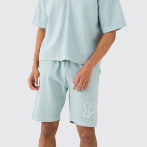 Tasa de fábrica, nuevo logotipo personalizado, camiseta de manga corta lavada acanalada de peso pesado y conjunto corto, ropa deportiva fina de secado rápido para hombre - Product Image 4