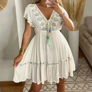 2024 Premium Collection Mère Belle Bohème Plage À Manches Courtes Vintage Multicolore Brodé Coton Bouton Naturel - Product Image 1