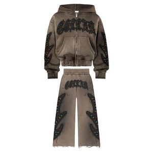 Tracksuits Manufacturers Baggy Men's Oversized Distressed Rhinestone Blank Vintage Sportswear Zip up Tracksuit for Men - Product Image 2