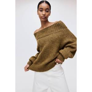 Pull décontracté d'hiver pour femme, style coréen, à une épaule, col à nœud, tissé, respirant, décoré d'appliques, boutons et fleurs sur le devant - Product Image 1