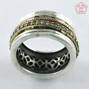 Attractive Cubic Zirconia Triple Tone 925 Sterling Silver Quality Spinner Ring Jewellery Wholesaler India