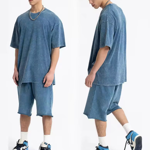 Haute qualité 100% coton goutte épaule lavage à l'acide T-Shirt ensemble Streetwear Style décontracté taille élastique grande taille Logo personnalisé Shorts - Product Image 5