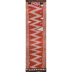 Tapis en laine noués à la main Kiaan, motif géométrique abstrait rouge-orange, design Kilim, pour entrée, couloir, 9x12 rectangulaire - Product Image 1