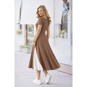 Women's Short-Sleeved Asymmetrical Neckline Button Detail Midi <b>Viscose</b> <b>Dress</b>, 33571 - Coffee - Product Image 2