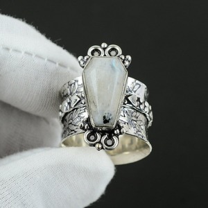 Plata de Ley 925 hecha a mano piedra lunar ataúd piedra preciosa boda Spinner anillo rodio chapado amantes forma joyería - Product Image 2