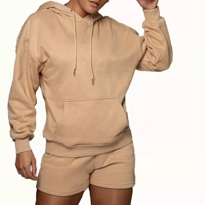 Último diseño de las mujeres casual corto Sudadera con capucha conjunto 100% algodón personalizado de gran tamaño 2 piezas mujeres sudaderas con capucha pantalones cortos conjunto transpirable - Product Image 5