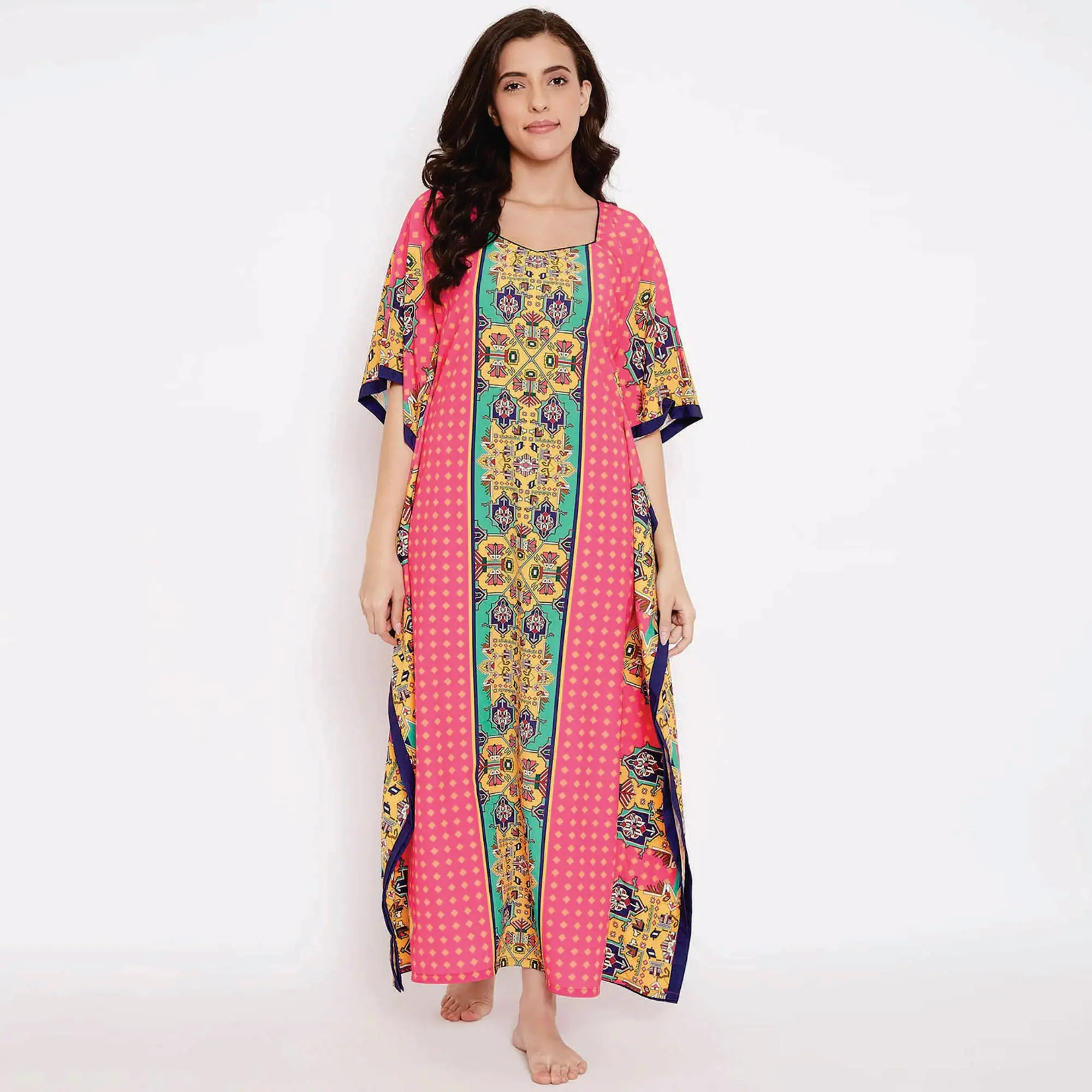 Custom Manufacture Slim Fit Polyester Crape Queen Anne Neckline Magenta Printed Maxi Length Kaftan