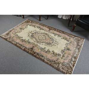 Tapis en Laine Turque Vintage Classique Beige Marron 3.9 X 6.7ft Tissage Plat Patchwork Motif Latex Support pour Décorations de Salon - Product Image 4