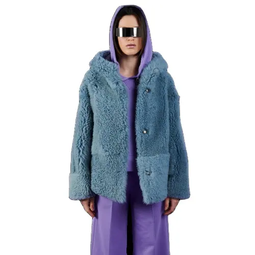 イタリア製ハイファッションウィンターシアーリングジャケットソフトファーコート、スナップボタンとフード付き女性用