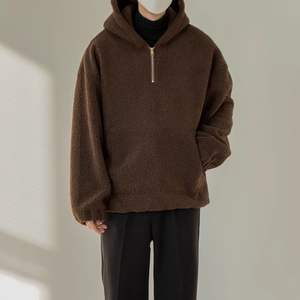 Sudadera con capucha de lana Polar para parejas gruesas de peso pesado, chaqueta con capucha retro versátil informal con hombros caídos y media cremallera para hombre - Product Image 1