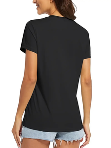 T-shirt à manches courtes col en V pour femmes été t-shirt décontracté couleur unie tissu tricoté extensible coton 95% Spandex 5% toutes saisons BD - Product Image 4