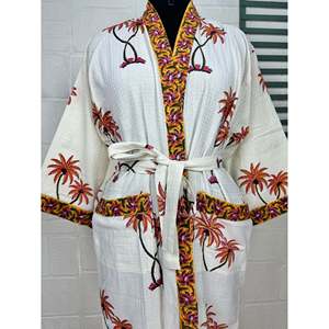Hand-Printed Botanical Floral Kimono Pure Cotton Gaufr Perfect Summer Spa Bath Robe <b>Beach</b> Coverup Bloom Swimwear <b>Accessory</b> - Product Image 3