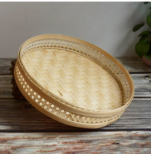 Dragonex ถาดกลมทอไม้ไผ่ธรรมชาติสไตล์เวียดนามพร้อมดีไซน์หรูหราทันสมัยถาดสูงด้านข้างดีไซน์เก๋สำหรับบ้าน - Product Image 2