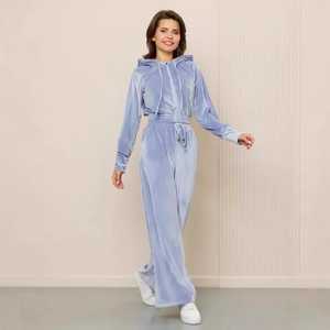 Ensemble 2 pièces en velours écologique pour femmes, survêtement en gros pour la saison d'automne |   Survêtements en velours pour femmes, sweat à capuche zippé - Product Image 4