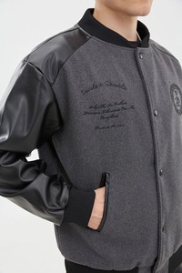 Custom Branded Custom Clothing Manufacturers OEM Design Embroidery Chenille Grey Color Black Leather <b>Arms</b> Varsity Jacket - Product Image 4