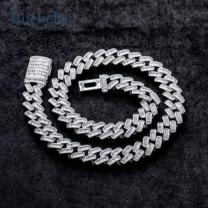 Men's 925 <b>Silver</b> 14K Gold Plated 14mm Moissanite Diamond Iced Prong Baguette Cut Cuban <b>Chain</b> <b>Box</b> Clasp Necklace Gift for Him - Product Image 3