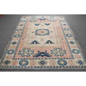 Alfombra Vintage, Alfombra Turca Grande de 6x7.7 pies, Alfombra Azul Rosa con Diseño de Camuflaje - Product Image 1