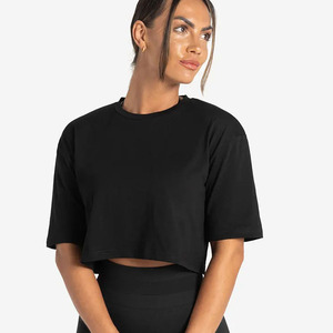 Camiseta corta negra de algodón 100% para mujer, camiseta de manga corta con hombros caídos, suave, elástica, elegante, informal, para Yoga, gimnasio, Fitness - Product Image 3