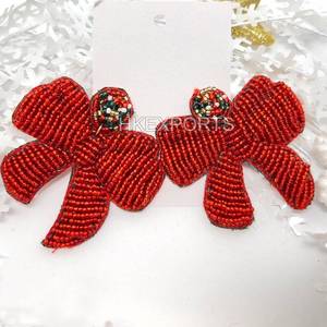 Handmade Beaded <b>Bow</b> Earrings <b>Red</b> Statement Fashion Jewelry for Women Unique Handmade Dangle Earrings - Product Image 1