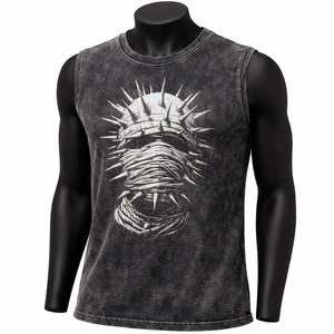 Camiseta sin mangas para hombre con lavado ácido, gráfico de calavera con púas, estilo gótico streetwear, vintage, camiseta muscular con efecto lavado, estilo punk, chaleco de algodón - Product Image 1