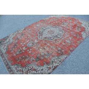 Classic Large Area Vintage Turkish Rug 6.1 X 10.2 ft Red Beige Patchwork Design Wool Material Latex Classic for Hallway Room - Product Image 2