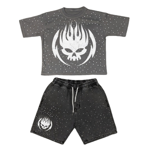 Ensemble T-shirt et short pour homme, style streetwear, imprimé crâne, col rond, vêtements décontractés d'été, tenue en coton tricoté respirant - Product Image 1