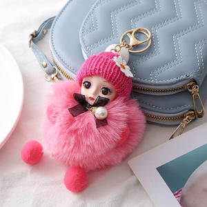 Porte-clés poupée bébé endormi en peluche douce Kawaii avec nœud, porte-clés bébé à grands yeux <span class=keywords><strong>et</strong></span> pompons mignons, pendentifs pompons roses duveteux - Product Image 3
