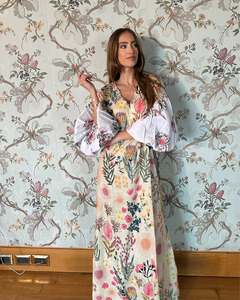 Robe longue à manches longues en coton de qualité supérieure, écologique, à fleurs, taille naturelle, style bohème, vacances, grande taille, décontractée et élégante pour femmes - Product Image 2