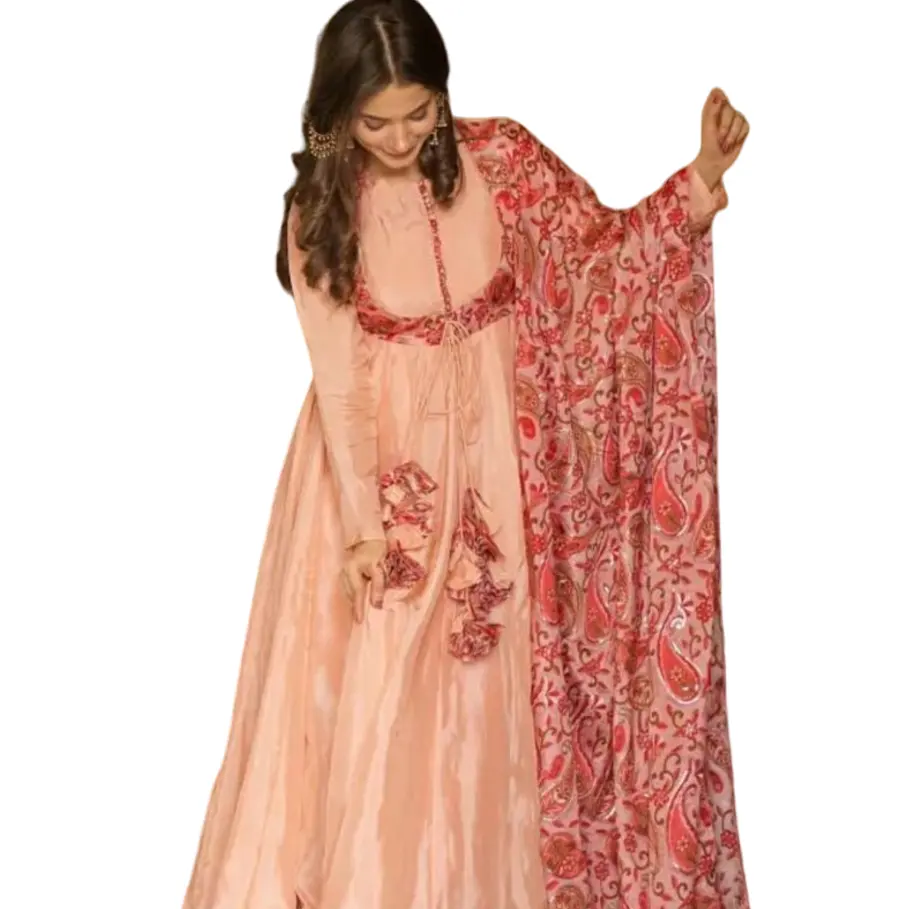 Ấn Độ dài Gown & dupatta Set, đầy đủ khâu chinon lụa với sequin thêu Đảng trang phục cho phụ nữ và cô gái tại bán buôn