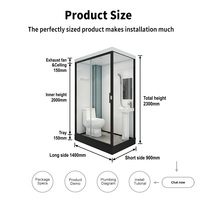 Unité de salle de bain modulaire intégrée YEETE avec toilette, lavabo et douche 1400 x 900 mm, porte coulissante en verre à cadre noir, OEM ODM
