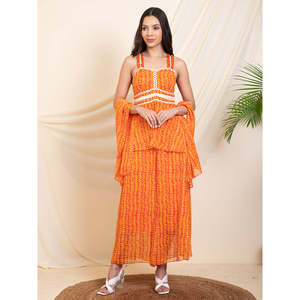 Conjunto Coordinado Indo-Occidental para Mujer, Estampado Naranja, Dos Piezas de Chifón, Talla XS/XS, Estilo Blazer Formal - Product Image 6