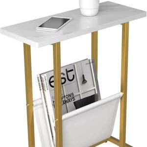 Mesa Auxiliar Estrecha Blanca y Dorada en Forma de C, Mesa Moderna para Sofá o Cama, Pequeña Mesa Auxiliar de Mármol Sintético para el Dormitorio - Product Image 3
