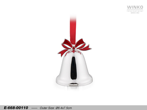 Winko XMAS BELL Christmas Ornament Hanging Decoration Ornament, W/ <b>Red</b> Bow Top, W/ 5.5" <b>Red</b> <b>Ribbon</b>, Silver Pl/Lacq, - Product Image 1