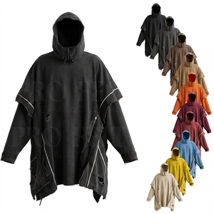 Sudadera con Capucha Extra Grande de Diseño Único, Lavada Estilo Vintage, con Cremallera y Bordes Deshilachados, Ropa Casual y Moderna para Hombre - Product Image 1