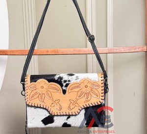 Newest Sunflower Hand Tooled Leather Hair-On Cowhide Leather Crossbody Carryall Wallet Genuine Leather Women's Organizer Wallets - Product Image 1