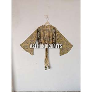 เสื้อครอปแขนกระดิ่งรีไซเคิลสำหรับผู้หญิงเสื้อผูกคอวีลึกเสื้อครอปผ้าไหมลำลองชุดปาร์ตี้ฤดูร้อน - Product Image 1