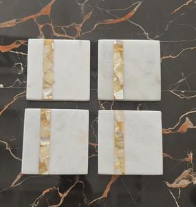 Ensemble de dessous-de-verre en marbre blanc, carreaux carrés, 4 à 6 pièces, dessous-de-verre en pierre naturelle, incrustation de nacre, dessous-de-verre à thé - Product Image 1