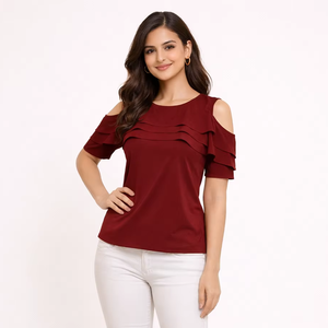 Shoryam Fashion <b>Womens</b> Maroon <b>Cold</b> <b>Shoulder</b> Ruffle <b>Top</b> Stylish Formal Western Wear Solid Designer Crepe Quick Dry <b>Tops</b> - Product Image 1