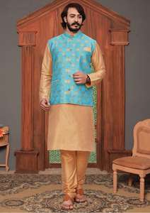 Kurta Payjama en soie pour hommes, vêtements de fête traditionnels indiens avec veste imprimée, meilleure qualité en fournisseur indien - Product Image 6